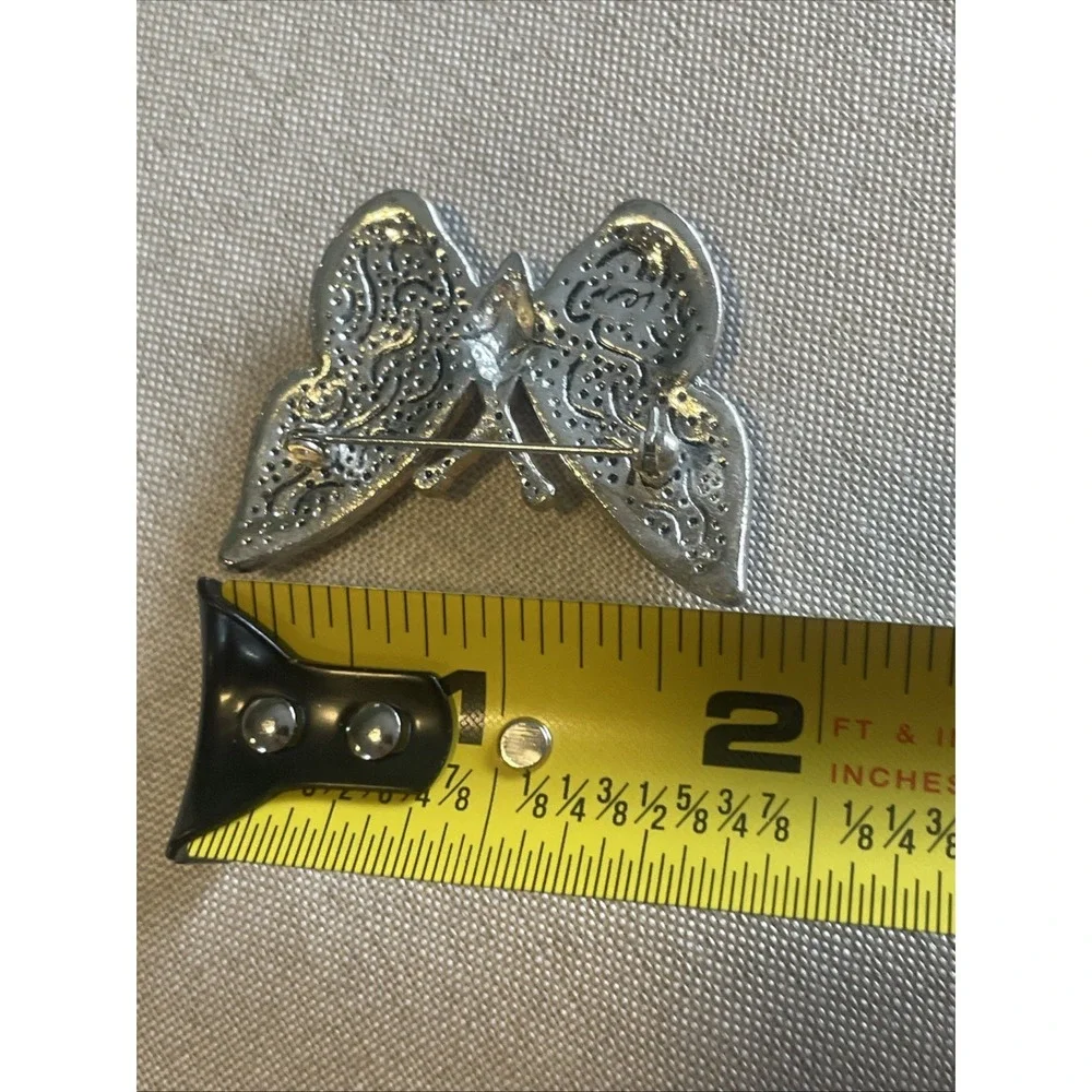 Vintage Butterfly Brooch Purple Rhinestone Maroon Glass Silver Tone Pin